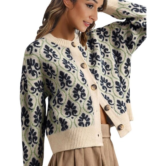 Chic Black Floral Knit Cardigan for Women - Long Sleeve Open Front Design - Picture 5 of 5